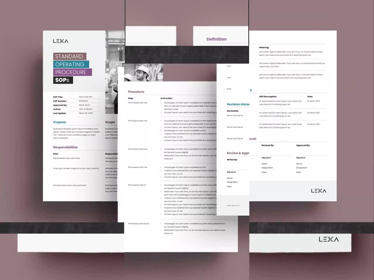 Single-page SOP template preview showing a clean structured layout with process steps, approval sections, and notes fields
