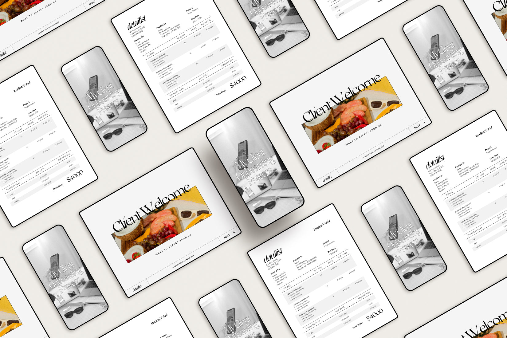 Client onboarding document kit preview showing professional intake forms, welcome letters, and service agreement templates
