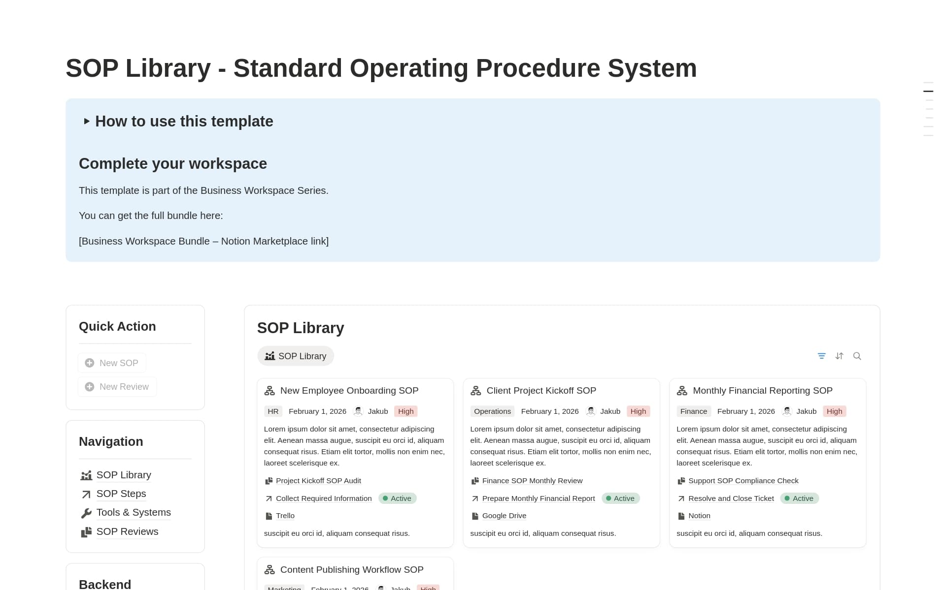 Standard operating procedure library preview showing twenty ready-to-customize SOP document templates across business operations